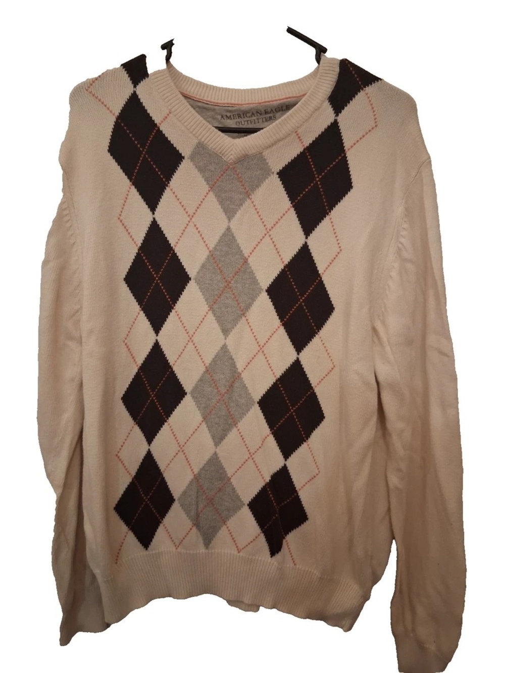 American Eagle Outfitters Men's Cream Argyle V-Neck Sweater
